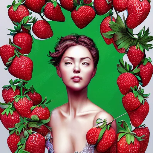 Image similar to the portrait of an absurdly beautiful, graceful, elegant, perky woman made of strawberries and green petals, an ultrafine hyperdetailed illustration by kim jung gi, irakli nadar, intricate linework, bright colors, octopath traveler, final fantasy, angular, unreal engine 5 highly rendered, global illumination, radiant light, detailed and intricate environment