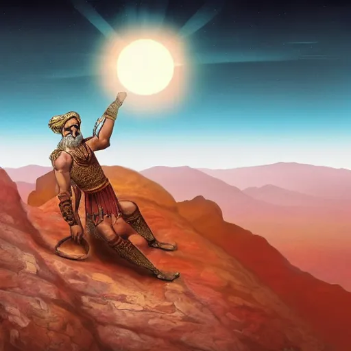 Prompt: persian folktale, barbarian on mars, standing atop boulder overlooking expanse, masked