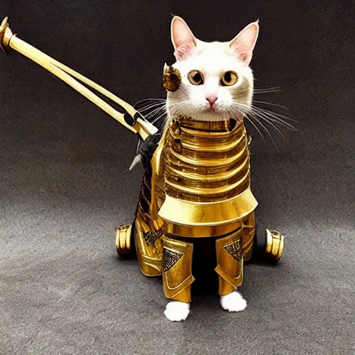 Prompt: a cat wearing realistic complete samurai armor, golden armaments,