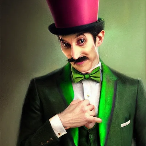 Image similar to hyper realistic portrait painting, beautifully rendered, dapper fancy luigi wearing a green top hat, green suit and bowtie, smirking deviously, painted by greg rutkowski, wlop, artgerm, dishonored 2