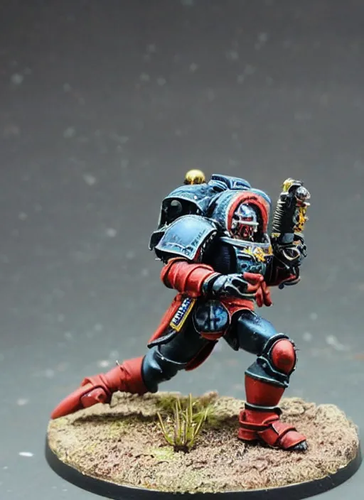 Image similar to 8 0 mm resin detailed miniature of a warhammer 4 0 k space marine running after a balloon, product introduction photos, 4 k, full body,