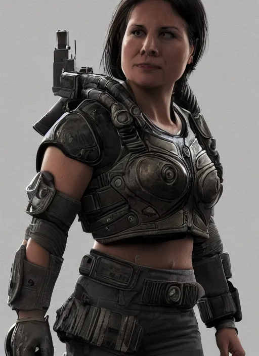 Image similar to Jenette Vasquez from aliens wearing gears of war COG armor, full body portrait, hyper realistic render, artstation, 8k uhd