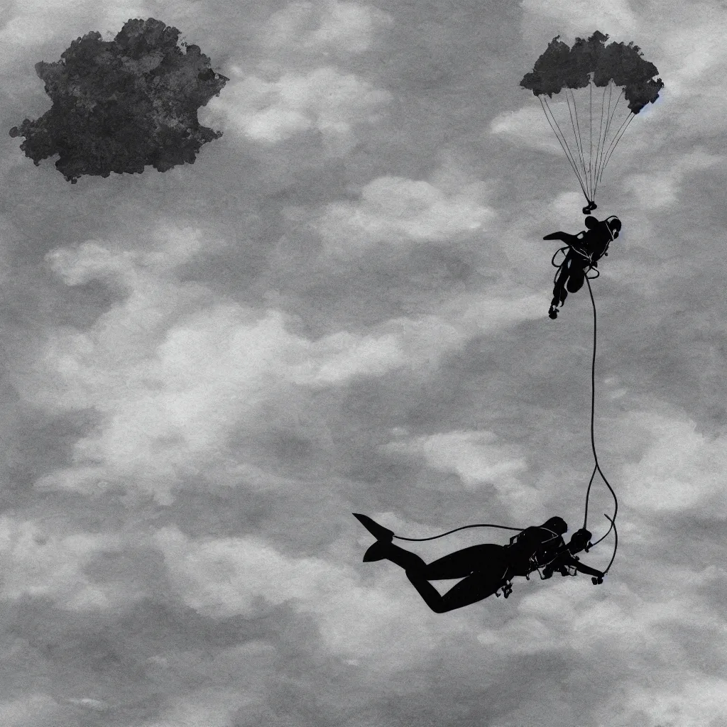 Prompt: a solo scubadiver floating above the clouds, closeup, digital drawing