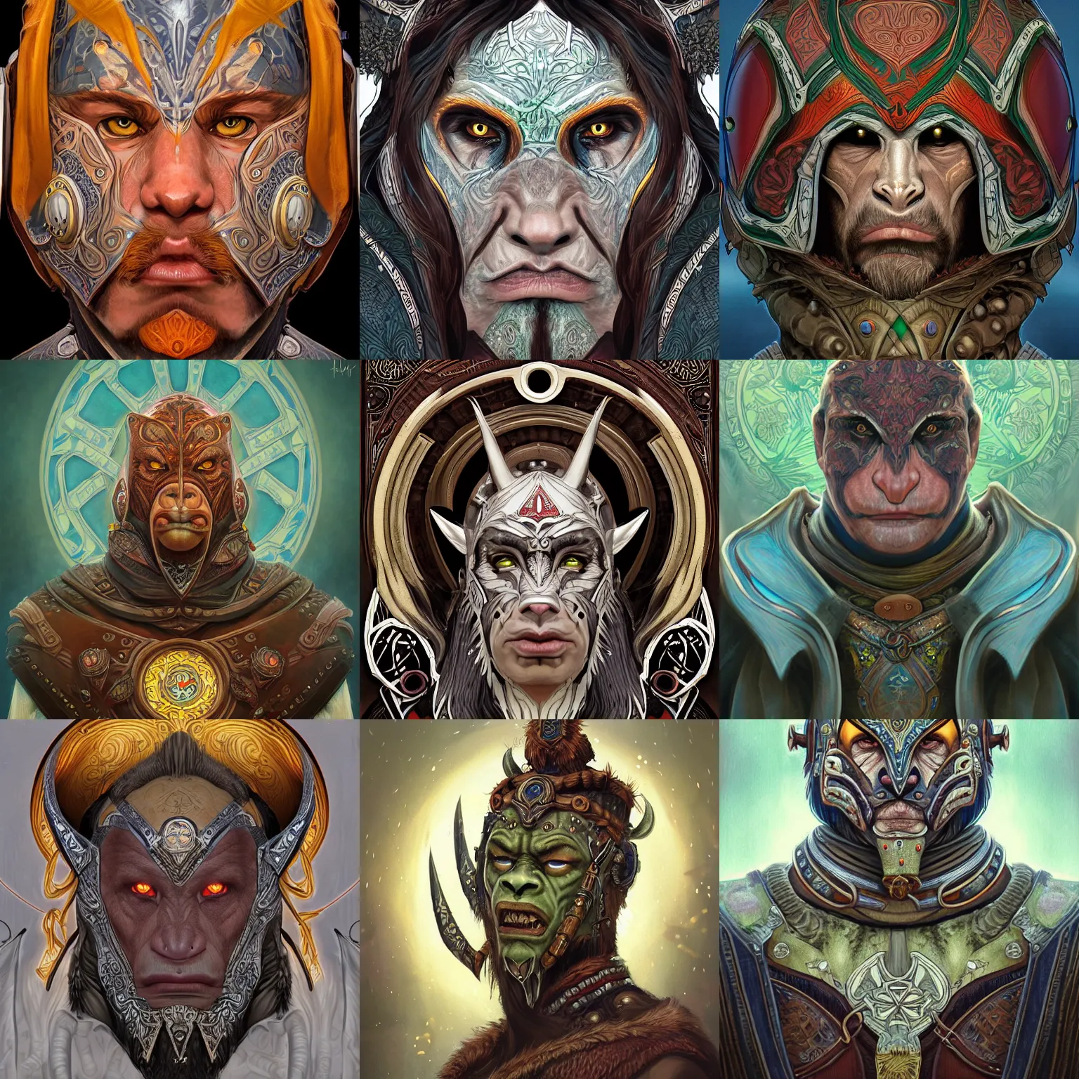 Prompt: head-on symmetrical centered painted portrait, male orc druid, shaman leather armour, art nouveau, tarot card style, tarot card style, fantasy, intricate, elegant, highly detailed, smooth, sharp focus, illustration, artstation, in the style of Artgerm and Anna Podedworna and Alex Ross and Mucha