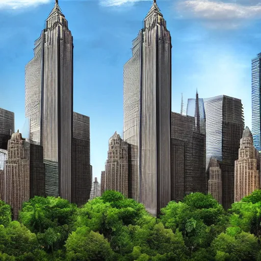 Prompt: Twin towers in New York covered by vegetation, street level, game art matte painting