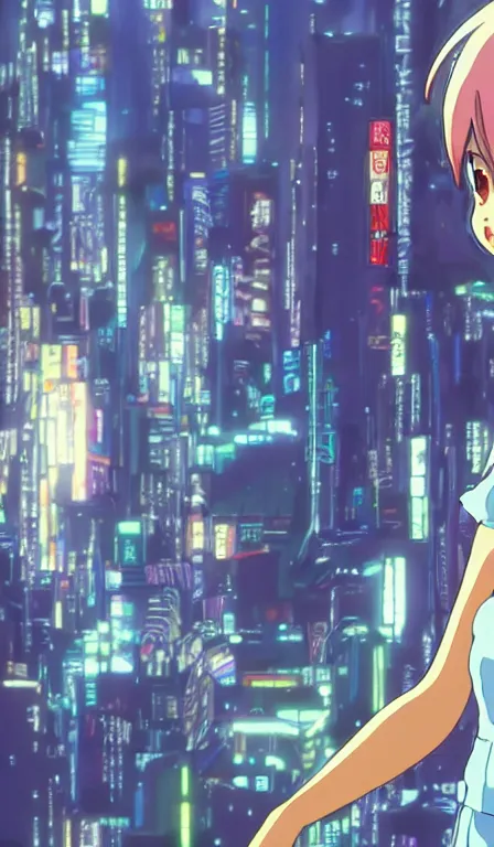 Image similar to anime fine details portrait of Bulma in front of cyberpunk moder city landscape on the background deep bokeh, close-up view, anime masterpiece by Studio Ghibli. 8k, sharp high quality anime, artstation
