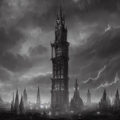 Image similar to an ultra detailed black and white matte painting of a lonely and impossibly tall ominous gothic dark citadel tower of the evil patriarch, in the style of magic the gathering, in a river elevated high above the city, gaslight fantasy capital city, ultrawide lense, aerial photography, scary thunderstorm, exquisite detail, 8 k, art by greg rutkowski and alphonse mucha