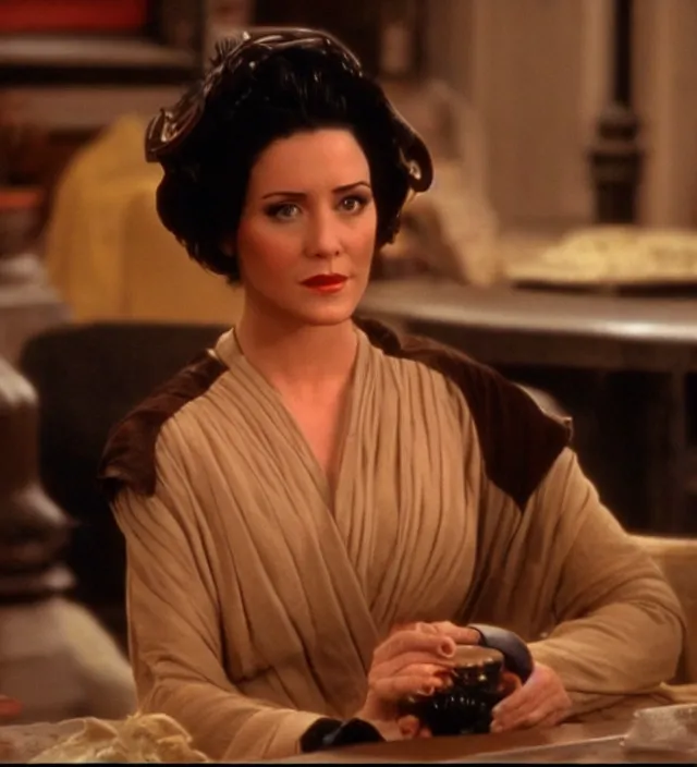 Image similar to beautiful monica from friends in star wars, movie still frame, hd, remastered, cinematic lighting