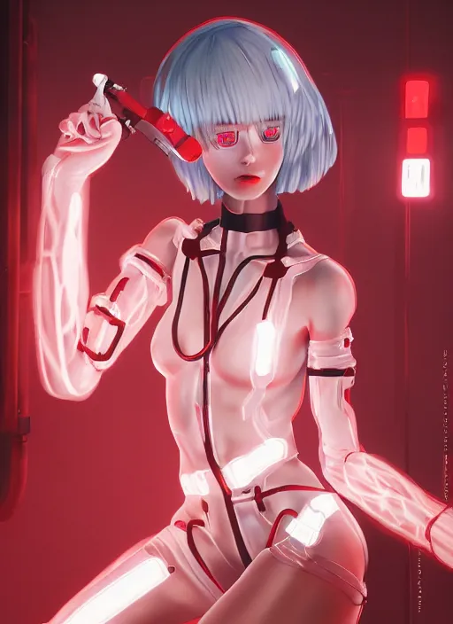 Image similar to unnatural body rei ayanami, fluent composition, red and white neon, concept art, ambient light, 4 k, intricate details, highly professionally detailed, cgsociety, highly detailed -