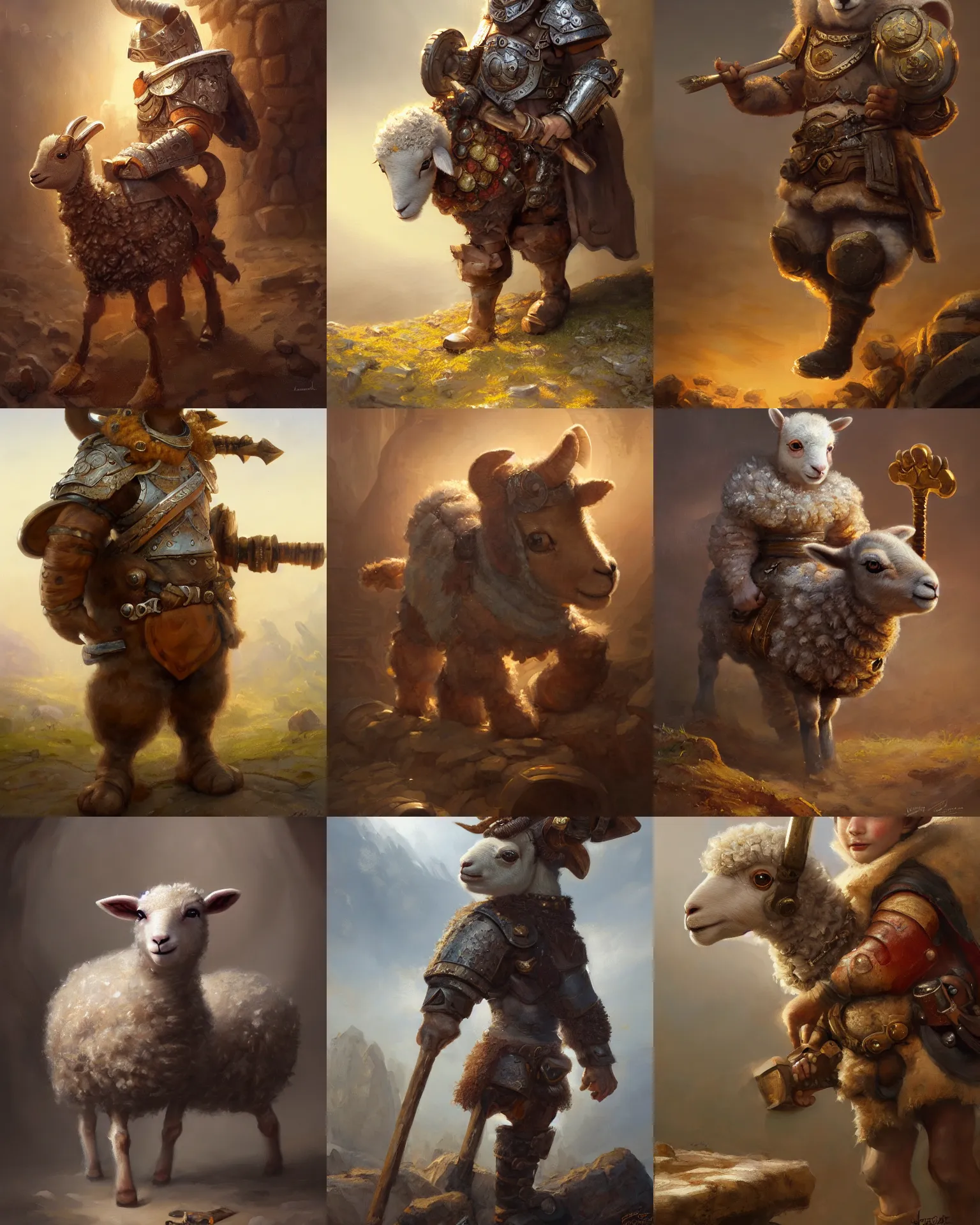 Prompt: a detailed painting of a lamb with hammer dressed with a leather armor, by justin gerard and greg rutkowski, digital art, realistic painting, dnd, character design, trending on artstation