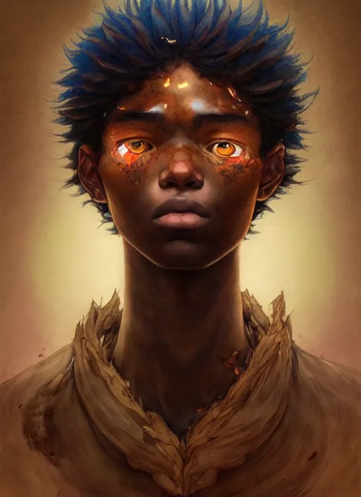 Image similar to prompt : portrait soft light painted by james jean and katsuhiro otomo and erik jones, inspired by akira anime, epic fantasy, a young long haired peasant boy with dark skin, brown skin, a dark complexation in plain fantasy clothing with intelligent eyes, intricate oil painting, high detail illustration, sharp high detail