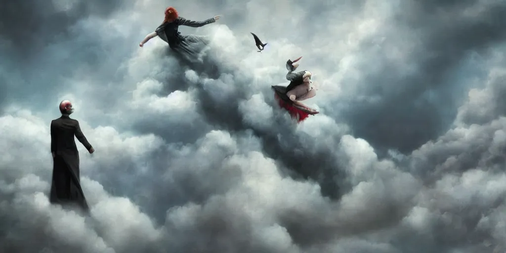 Image similar to women walking on clouds, octane render, art station æ, matt painting, joker ( 2 0 1 9 ), mark ryden, micheal sowa, digital art