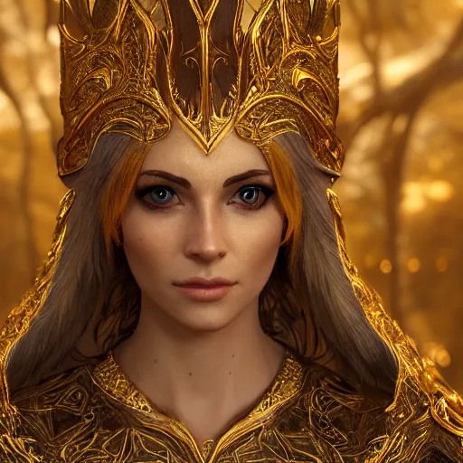 Image similar to portrait of an elven princess dressed in golden clothes, digital art, highly detailed, award winning, concept art, intricate, sharp focus, Trending on Artstation HQ, unreal engine 5, 4K UHD image