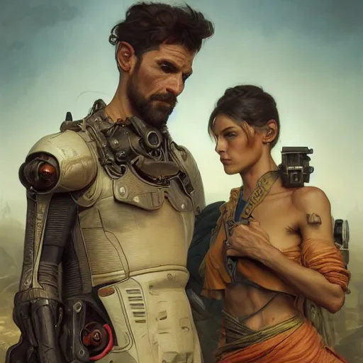 Image similar to portrait painting of a futuristic rugged male and female stood next to each other, colonisation, model pose, ultra realistic, concept art, intricate details, eerie, highly detailed, photorealistic, octane render, 8 k, unreal engine. art by artgerm and greg rutkowski and alphonse mucha