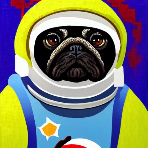 Prompt: pixel art, oil canvas, highly detailed, astronaut pug in space.