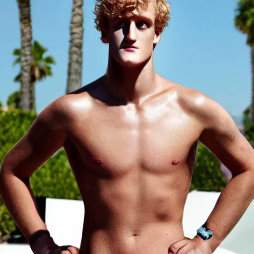 Image similar to a realistic detailed photo of a guy who is an attractive humanoid who is half robot and half humanoid, who is a male android, boxer and youtuber logan paul, shiny skin, posing like a statue, blank stare, by the pool, on display