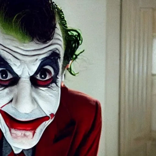 Image similar to A still of Mr Bean as the Joker pointing a gun at the camera in Joker (2019)