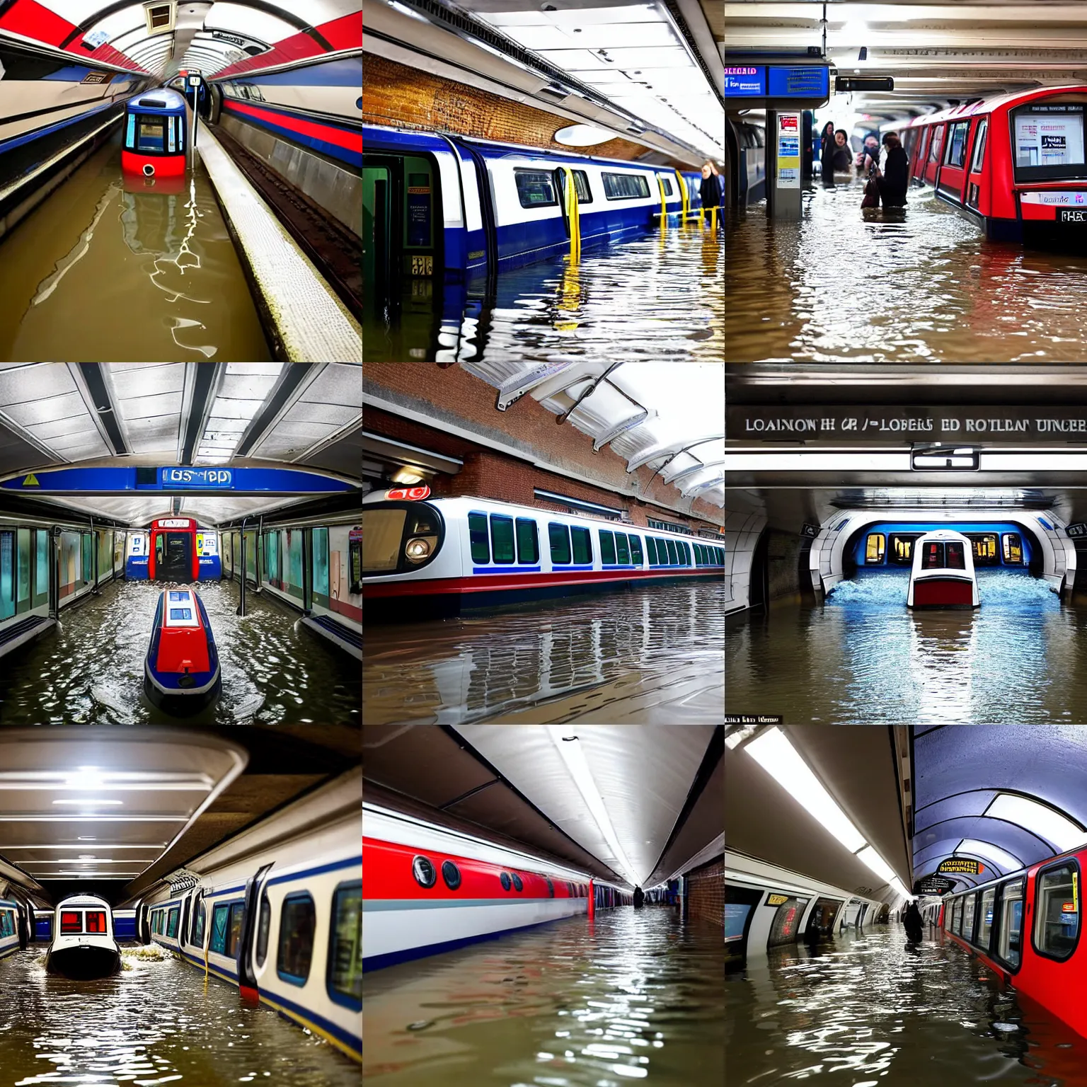 Prompt: a canal boat arriving at a flooded london underground tube station