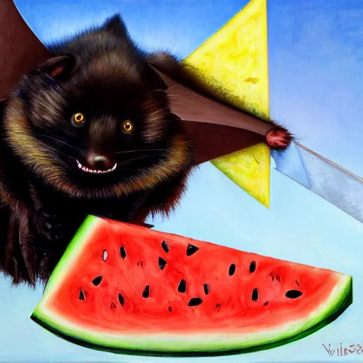Prompt: realistic fluffy bat stealing a triangle slice of watermelon in the museum, highly detailed, sharp focus, oil painting, artwork by Victor Adame Minguez + Lovell + Sandro Botticelli