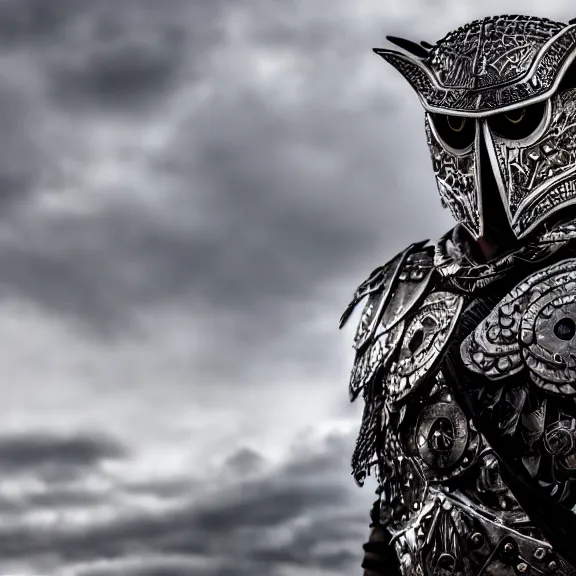 Image similar to photo of a warrior with metal owl theme armour, 4 k, hdr, smooth, sharp focus, high resolution, award - winning photo