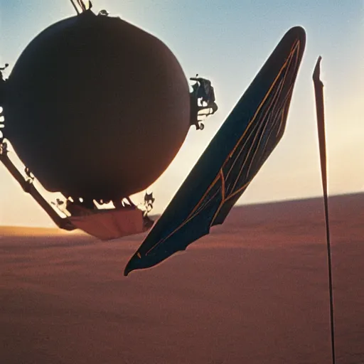 Prompt: Jodorowky's Dune movie, ornithopter, 55mm lens, cinematic, cinestill 400t film