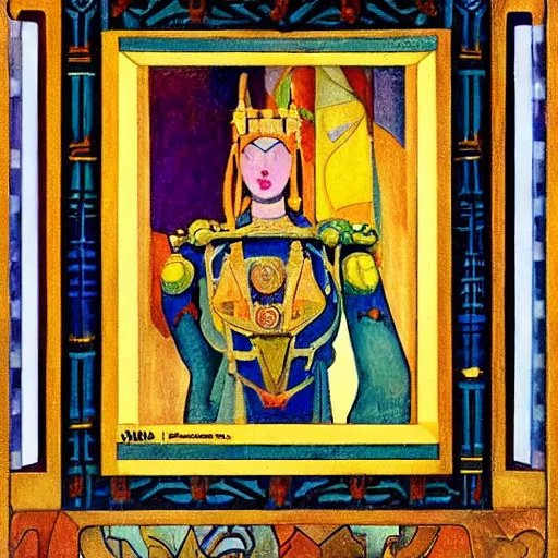 Prompt: the little robot queen in her regalia, by annie swynnerton and diego rivera and nicholas roerich, symbolist, dramatic lighting, elaborate geometric ornament, art brut, smooth, sharp focus, extremely detailed, leo and diane dillon, adolf wolfli, soft pastel colors