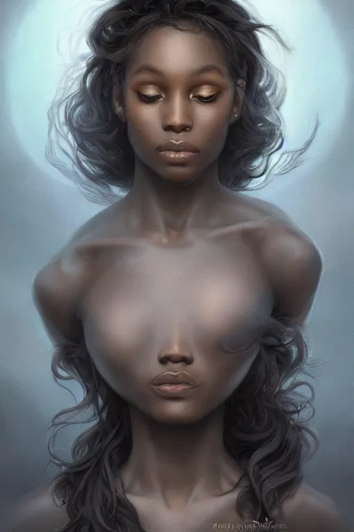 Image similar to dusty wind blowing!!!, orbs of light dark skin drow, dreaming of the void! cinematic volumetric lights, bust portrait, dnd, fantasy, intricate, elegant, highly detailed, digital painting, artstation, concept art, smooth, sharp focus, illustration, art by artgerm and tom bagshaw and greg rutkowski and alphonse mucha