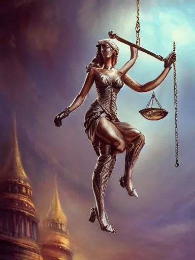 Image similar to lady justice holding balance scales. intricate, elegant, highly detailed, digital painting, artstation, concept art, sharp focus, illustration, by justin gerard and artgerm, 8 k