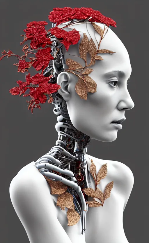 Image similar to complex 3d render ultra detailed of a beautiful porcelain profile woman face, mechanical cyborg, 150 mm, beautiful 3 point lighting, rim light, silver gold red details, luxurious magnolia with leaves and stems, roots, Alexander Mcqueen haute couture, fine foliage lace, mesh wire, filigran intricate details, hyperrealistic, mandelbrot fractal, anatomical, robotic parts, facial muscles, cable electric wires, microchip, elegant, octane render, 8k post-processing