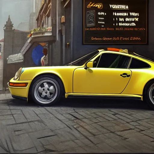 Image similar to Yellow Porsche 911 Carrera 3.2 parked in front of a Bondi Cafe, highly detailed, digital painting, artstation, concept art, smooth, sharp focus, illustration, art by artgerm and greg rutkowski and alphonse mucha
