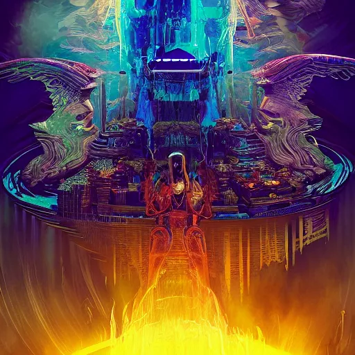 Prompt: seven angels come forth and receive seven bowls full of the wrath of god, smoke fills the temple so that no one can enter till the plagues of the seven angels have been complete, cyberpunk art by android jones, by beeple, darksynth, synthwave, quantum tracerwave