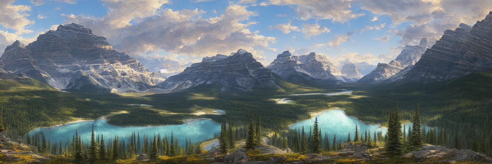 Prompt: a beautiful panoramic landscape painting of banff national park. by asher brown durand and marc simonetti, trending on artstation hq 8k