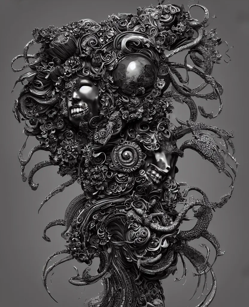 Image similar to goddess princess face close-up portrait ram skull. sculpture made of black stone. jellyfish phoenix head, nautilus, orchid, skull, betta fish, bioluminiscent creatures, intricate artwork by Tooth Wu and wlop and beeple. octane render, trending on artstation, greg rutkowski very coherent symmetrical artwork. cinematic, hyper realism, high detail, octane render, 8k