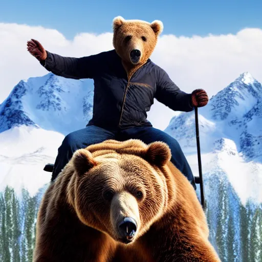 Image similar to a photo of bob ross riding on the back of a brown bear in alaska, outdoor, hyperrealistic, shutterstock contest winner, digital art, national geographic photo, stockphoto, majestic