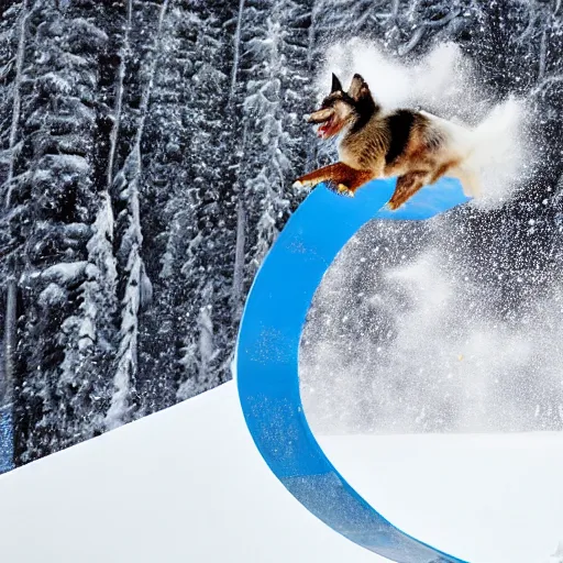 Image similar to a snowboarding blue heeler dog sending it off a big air jump at xgames in aspen