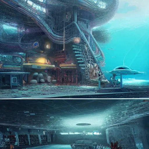 Image similar to underwater spy facility in atlantic the hidden city, intricate artwork, by tooth wu, wlop, beeple, dan mumford. concept art, octane render, trending on artstation, greg rutkowski very coherent symmetrical artwork. key art, high detail, octane render, 8 k, iridescent accents