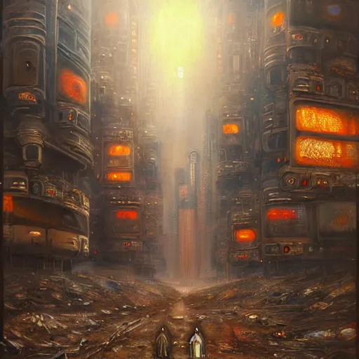 Image similar to beautiful detailed religious oil painting of robotic saints in an urban cyberpunk wasteland