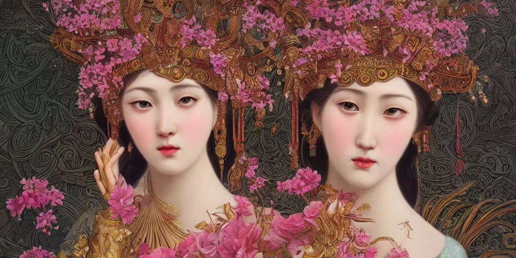 Image similar to breathtaking detailed concept art painting of the goddess of flamingo, orthodox saint, with anxious, piercing eyes, ornate background, amalgamation of leaves and flowers, by Hsiao-Ron Cheng and John James Audubon, extremely moody lighting, 8K