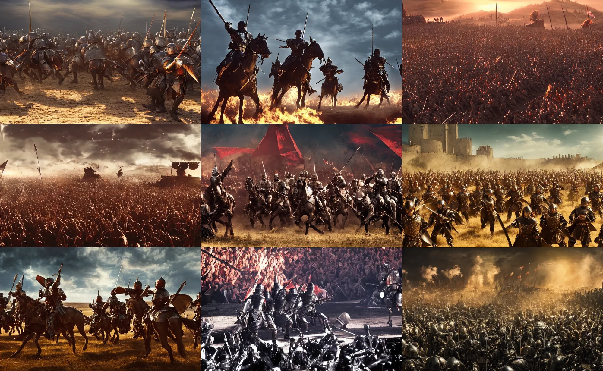 Prompt: cinematic artwork of depeche mode performing to armored medieval warriors on a battlefield by greg rutowski, 4 k, sun rays, masterpiece