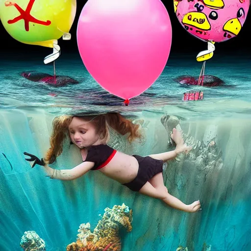Image similar to balloon animals under the sea in the style of banksy
