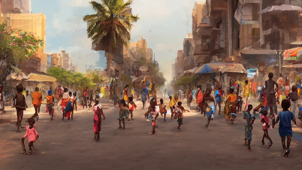 Prompt: street in a big african city, kids playing, summer, david febland, artstation, matte painting