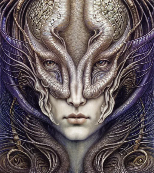 Image similar to detailed realistic beautiful dragon goddess face portrait by jean delville, gustave dore, iris van herpen and marco mazzoni, art forms of nature by ernst haeckel, art nouveau, symbolist, visionary, gothic, neo - gothic, pre - raphaelite, fractal lace, intricate alien botanicals, ai biodiversity, surreality, hyperdetailed ultrasharp octane render