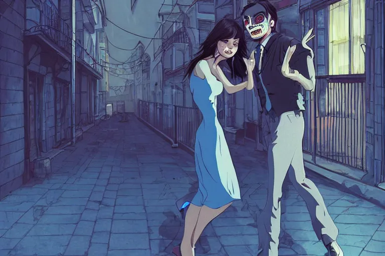 Image similar to a zombie couple dancing tango in the streets of Buenos aires at night, dark blue long hair, muted colors, matte print, pastel colors, ornate, digital art, cute smile, digital painting, fan art, elegant, pixiv, by Ilya Kuvshinov, by Studio Ghibli