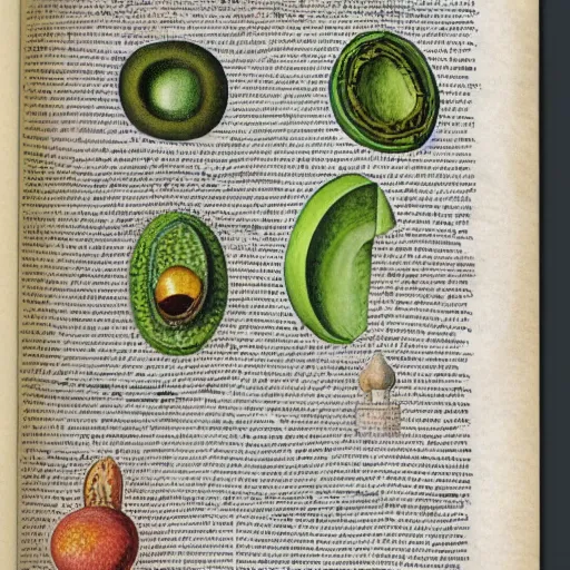 Image similar to a page from codex seraphinianus of blueprint of merging of emma watson with avocado