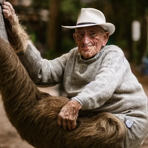 Image similar to portrait of an elderly man riding a sloth, canon eos r 3, f / 1. 4, iso 2 0 0, 1 / 1 6 0 s, 8 k, raw, unedited, symmetrical balance, wide angle