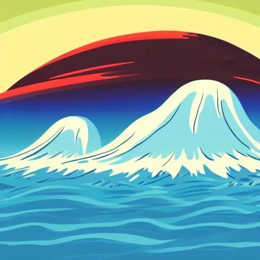 Image similar to giant tsunami wave that is 20 miles high, approaching about to crash into a small coastal town. miniature buildings compared to giant waves are so tall, they seem to touch the sky, large scale image, cartoon color drawing vector illustration, 2d photorealistic flat anime style