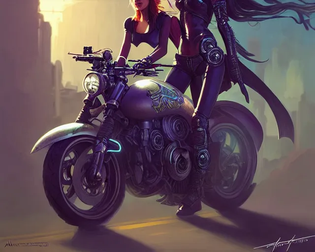 Prompt: teenager with cyberpunk motorcycle, deep focus, d & d, fantasy, intricate, elegant, highly detailed, digital painting, artstation, concept art, matte, sharp focus, illustration, hearthstone, art by artgerm and greg rutkowski and alphonse mucha