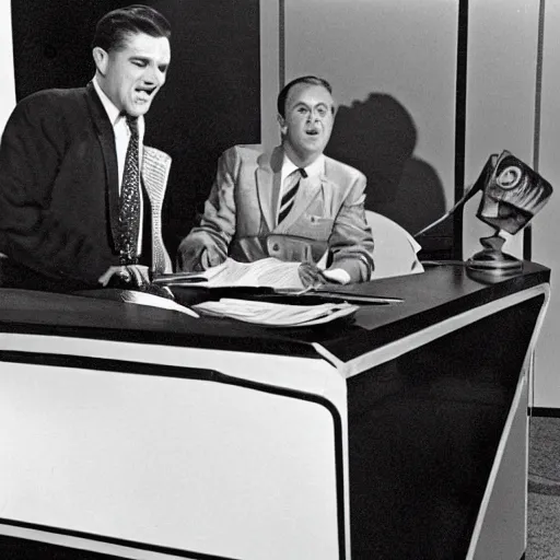 Prompt: 1 9 6 0's news show, a man in a vintage suit sitting behind a silver desk while being attacked by a giant man - eating tiger