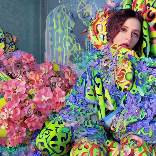 Prompt: hyperrealism cyberpunk girl, wrapped in flowers and wired in the style of yayoi kusama, ultra detailed high resolution, deep colors, classicism mixed with hyperrealism, ultra detailed, high resolution, cinematic, detailed photo rendered in octane 3 d - h 7 6 8