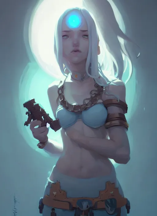 Image similar to portrait of cute psyker girl chained, warhammer 4 0 k, by atey ghailan, by greg rutkowski, by greg tocchini, by james gilleard, by joe gb fenton, by in kaethe butcher, dynamic lighting, gradient light blue, brown, blonde cream and white color in scheme, grunge aesthetic